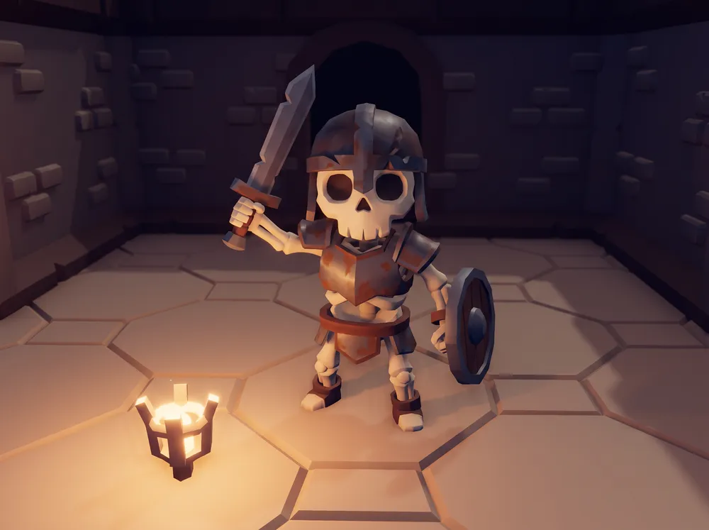 A Bonewright: an armoured skeleton duellist squared up with sword and shield.