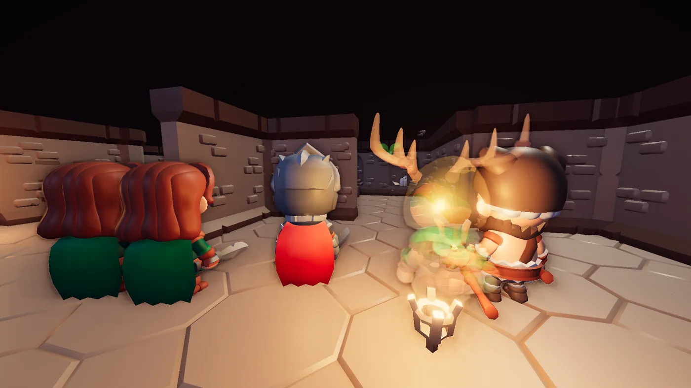 In-game view: delvers lit by a single dropped lantern on hexagonal flagstones in a dark brick chamber.